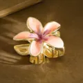 Elegant gold metal hair claw clip featuring a pink enamel Plumeria flower design - Regular Fit / 5.5cm / Light Pink