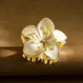 Elegant gold metal frangipani flower hair claw clip with cream white enamel petals - Peach Blossom Style / 5.5cm / White