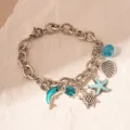 Ocean style silver chain bracelet with dolphin starfish and shell charms - Blue Ocean Life Silver Chain (10# Blue Turtle)