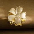 Elegant ivory frangipani flower hair claw clip with gold metal trim for thick hair - Five-Petal Flower / 5.5cm / White