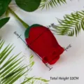 Artificial red velvet rose stem for wedding home decor showing detailed dimensions - Velvet Rose Bud / Red