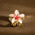 Elegant golden frangipani flower hair claw clip with white and red enamel finish - 3.5cm / Outer White