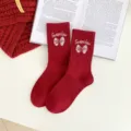 Red mid-calf cotton socks with cute sweet bow embroidery, stylish winter daily wear for women. - One Size / Red + Bow
