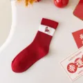 Festive red mid-calf socks featuring cute puppy embroidery for auspicious new year celebrations. - Embroidered Dog (AWE)