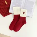 Burgundy and white mid-calf socks for women featuring cute heart embroidery. Soft autumn winter cotton socks. - One Size / Red + Heart