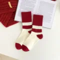 Red and white striped women mid-tube socks, cozy cotton winter socks for daily wear. - One Size / Red Cuffs + One Stripe