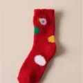 Red coral fleece Christmas socks cute Santa Claus embroidery thick warm mid-tube socks - 35-39 / Embroidered Santa Face