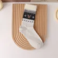 Cozy women winter mid tube knit socks with fluffy cuff and cute reindeer fair isle pattern - One Size / Beige Gray Reindeer