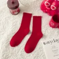 Winter Retro rote Mittelsocken mit Spitzenbesatz, kuschelige Baumwollsocken für Damen - Damen 35-39 / Zopfmuster Spitzenkante