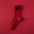 Red wool flecked yarn mid-calf socks with black fuzzy cat and bow for women winter new year. - 35-39 / Black Cat / Black