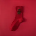 Red wool speckled mid-calf socks for women, featuring cute brown bear and red bow decor. - 35-39 / Black Bear / Brown