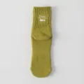 Green crew socks with white lettering, retro camp style cotton socks for daily wear. - Fruit Green