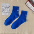 Men blue combed cotton mid tube crew socks with letter embroidery athletic casual socks daily - One Size / Blue