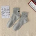 Men grey mid-calf combed cotton socks, casual letter embroidered ribbed design variant. - One Size / Gray