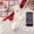 Neujahr süße Löwen Stickerei Baumwolle Mittelsocken festlich rot weiß gemütlich Alltag - Damen EU 34-40 / Löwentanz