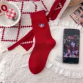 Rote Mitteltubus-Baumwollsocken mit Fischstickerei, kuschelige und modische Alltags-Socken. - Damen EU 34-40 / Fisch