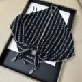 Retro black white chain pattern triangular scarf with beaded edge decorative headwear shawl for women. - Multi-Functional Triangle Scarf with Lettuce Edge - 01