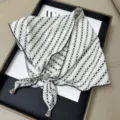 Retro black and white chain print chiffon triangle scarf with beads and elegant ruffled edge. - Multi-Functional Triangle Scarf with Lettuce Edge - 02