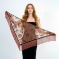 Donna sciarpa triangolare jacquard floreale con frange elegante scialle vintage - Caffè
