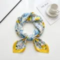 Women silk square scarf with blue baroque and yellow lemon print, 70x70cm chic summer neckerchief. - Blue Lemon