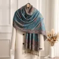 Vintage paisley jacquard long tassel scarf for women, elegant teal winter warm wrap shawl. - Teal