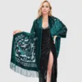 Elegante groene fluwelen sjaal met franjes en bloemenprint in boho stijl voor dames feestje. - Donkergroen