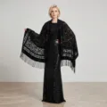 Zwarte fluwelen jacquard kwastjes sjaal, elegante boheemse lange sjaal varianten. - Kleine bloemenrank - Zwart