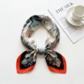 Imitation silk square scarf, 70cm versatile women scarf with tropical floral print and orange border. - Black White Orange Tropical Floral