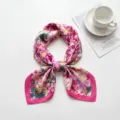 Pink floral print imitation silk square scarf, elegant 70cm neck scarf for women daily wear. - Pink Floral