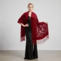 Elegant red velvet fringed shawl for women, vintage floral long evening dress wrap. - Bright Red