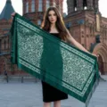 Groene fluwelen jacquard sjaal voor dames, elegante boho franje lange omslagdoek. - Kleine bloemrank - Donkergroen