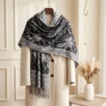 Women autumn winter warm paisley jacquard scarf retro long tassel shawl wrap black grey - Black and Gray