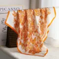Chic 100% silk square scarf with floral butterfly print and orange border. Elegant women wrap. - H15