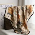 Exquisite 70cm silk square scarf featuring elegant geometric patchwork and vintage print designs. - H18