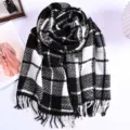 Klassieke zwart-wit geruite imitatie kasjmier sjaal, warme dikke franje sjaal voor winter - ZX-lijnruit - zwart & wit