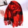 Winter rood en zwart geruite kwastjes sjaal, dikke warme imitatie kasjmier omslagdoek voor stel. - ZX Grote ruit - Rood