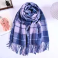 Winter cozy blue purple plaid cashmere feel fringe scarf thick warm winter wrap shawl - ZX Line Plaid - Blue & Purple