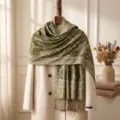 Green paisley jacquard scarf with elegant tassels, vintage style warm winter shawl for women. - Army Green