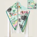 Foulard carré européen de 90 avec imprimé de plage tropicale et ville côtière élégant. - Carré 90 double face sergé à chevrons bord roulotté main - C909