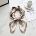 Elegant satin square silk scarf for women, chic floral print neckerchief 70cm daily wear - Khaki Leaf