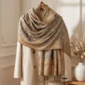 Grey and gold paisley winter scarf, elegant jacquard shawl with chic fringes for women. - Light Camel