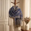 Retro blue paisley jacquard long tassel scarf, elegant autumn winter warm shawl for women. - Sapphire Blue
