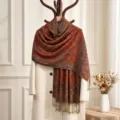 Vintage paisley jacquard scarf for women long shawl with tassels autumn winter warm wrap - Orange Red