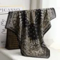 Black silk square scarf with classic paisley baroque print, elegant luxury neckerchief accessory. - H24