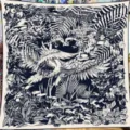 Luxus großer quadratischer Schal mit tropischem Dschungel und Vögeln für Damen, 130cm. - Schwarz