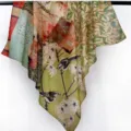 Vintage botanical silk-cotton blend square scarf, elegant floral and bird print shawl for women. - Silk Cotton 110 Square Scarf TS09