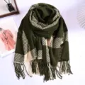 Green plaid cashmere-feel scarf winter warm shawl tassel fringe unisex cozy accessory - ZX Large Check - Army Green