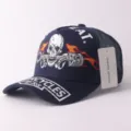 Casquette trucker en maille bleu marine avec broderie tête de mort et piston, streetwear. - Réglable / Crâne enflammé - Bleu marine