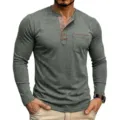 T-shirt Henley homme manches longues avec bordure contrastée et poche, haut casual chic. - Vert