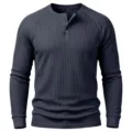 Mens long sleeve henley shirt waffle knit casual top with buttons detail view style. - Navy Blue